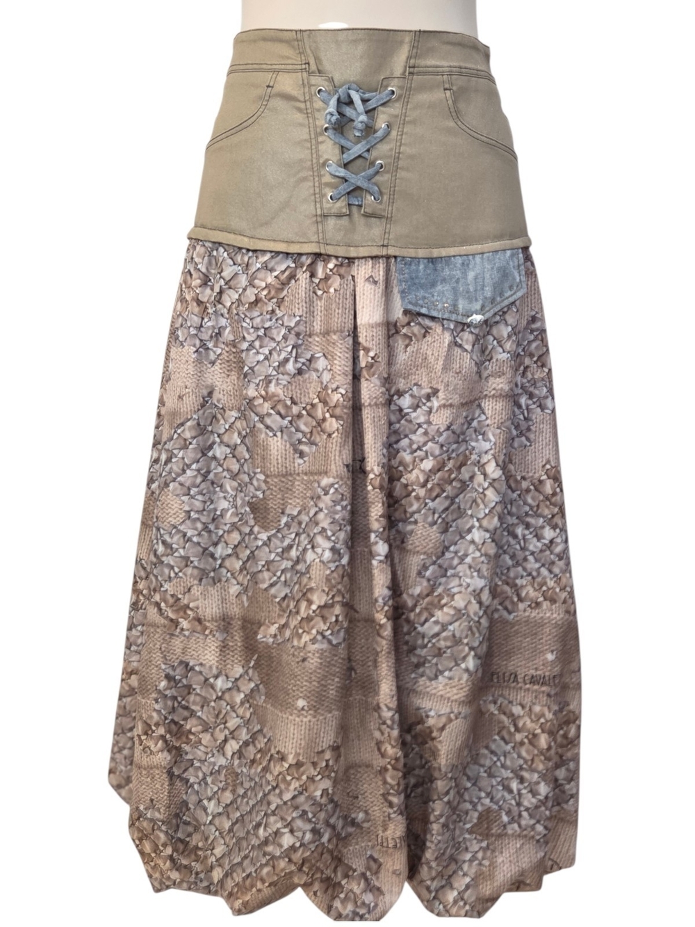 Elisa Cavaletti Romantic Bubble Midi Skirt Lace-Up Waist NWT Size 4, 10 Beige